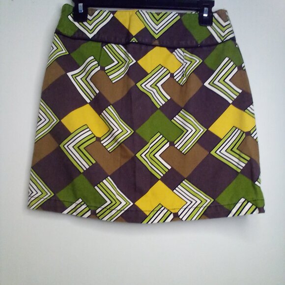 Loft Skirt Women 0P 0 Petite Retro Look 100% Cotton Pattern Brown Green - Picture 10 of 15